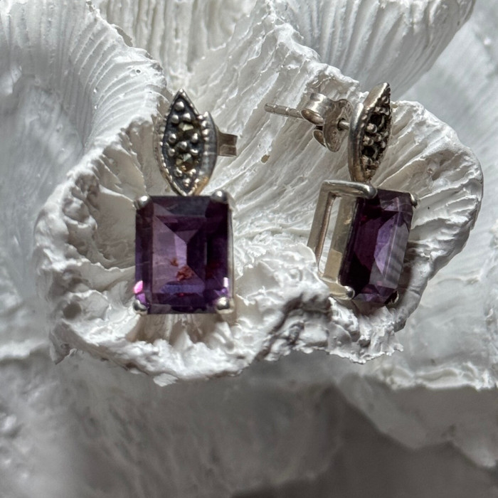 925 Sterling Silver Tourmaline & Marcasite Earrings Length 0.7 Inch
