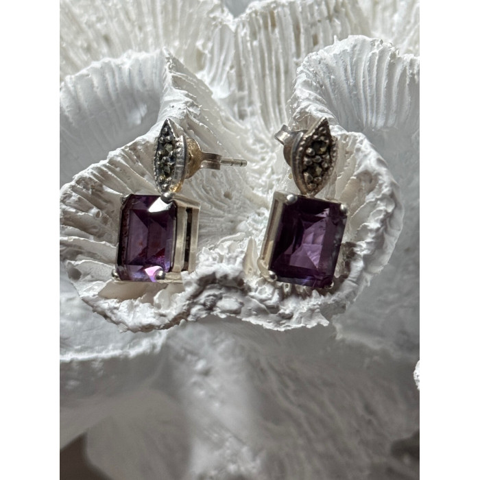 925 Sterling Silver Tourmaline & Marcasite Earrings Length 0.7 Inch