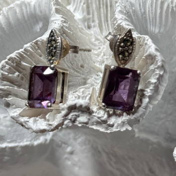 925 Sterling Silver Tourmaline & Marcasite Earrings Length 0.7 Inch