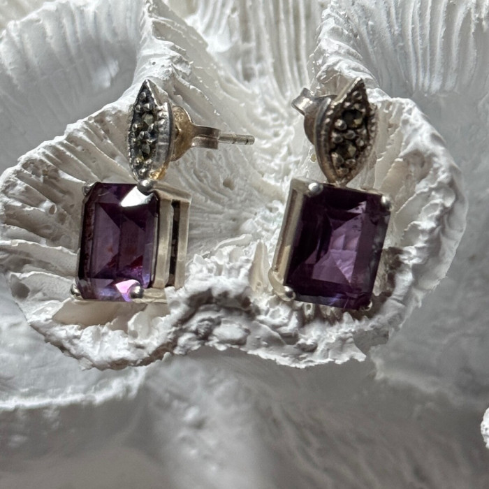 925 Sterling Silver Tourmaline & Marcasite Earrings Length 0.7 Inch