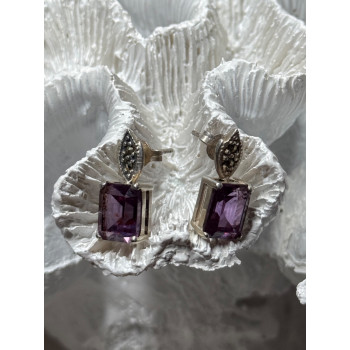 925 Sterling Silver Tourmaline & Marcasite Earrings Length 0.7 Inch