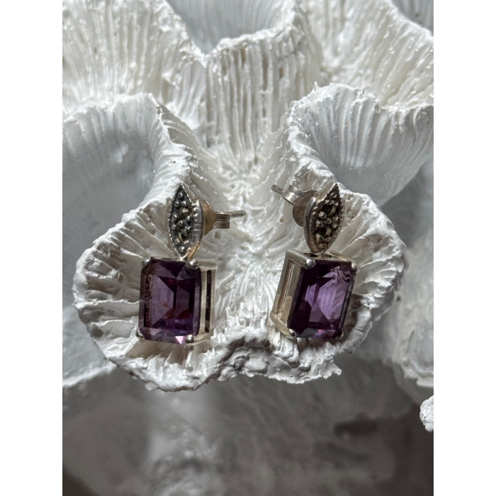 925 Sterling Silver Tourmaline & Marcasite Earrings Length 0.7 Inch