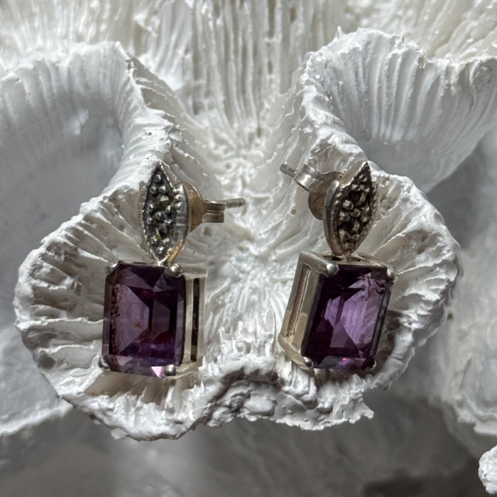 925 Sterling Silver Tourmaline & Marcasite Earrings Length 0.7 Inch