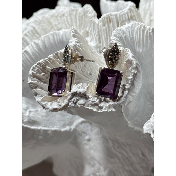 925 Sterling Silver Tourmaline & Marcasite Earrings Length 0.7 Inch