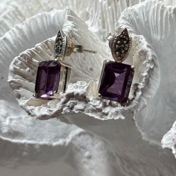 925 Sterling Silver Tourmaline & Marcasite Earrings Length 0.7 Inch