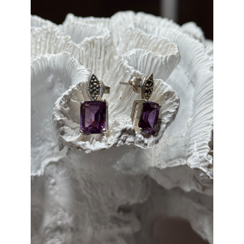 925 Sterling Silver Tourmaline & Marcasite Earrings Length 0.7 Inch