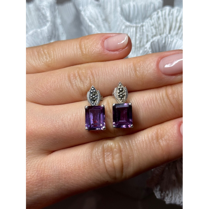 925 Sterling Silver Tourmaline & Marcasite Earrings Length 0.7 Inch