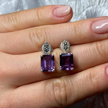 925 Sterling Silver Tourmaline & Marcasite Earrings Length 0.7 Inch