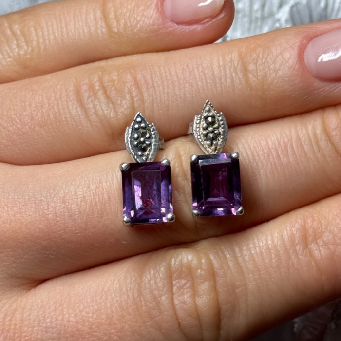 925 Sterling Silver Tourmaline & Marcasite Earrings Length 0.7 Inch