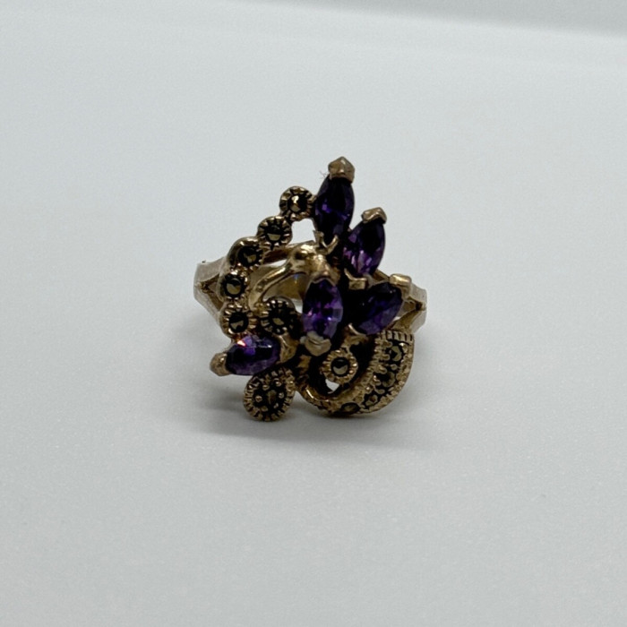 925 Sterling Silver Amethyst & Marcasite Ring Size 6