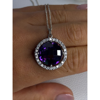 925 Sterling Silver Purple Crystal & CZ Necklace Length 18 Inch