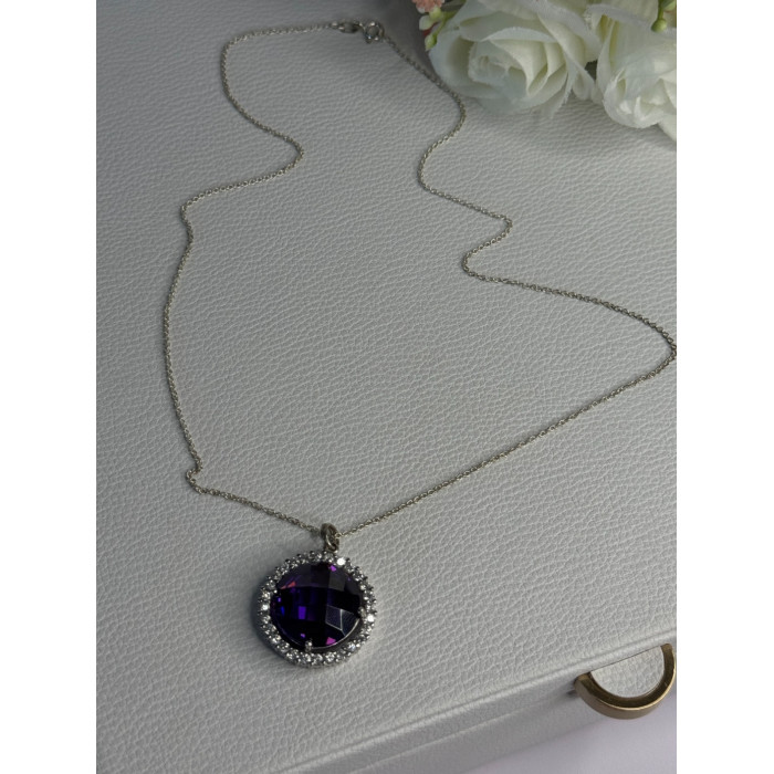 925 Sterling Silver Purple Crystal & CZ Necklace Length 18 Inch