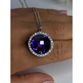 925 Sterling Silver Purple Crystal & CZ Necklace Length 18 Inch