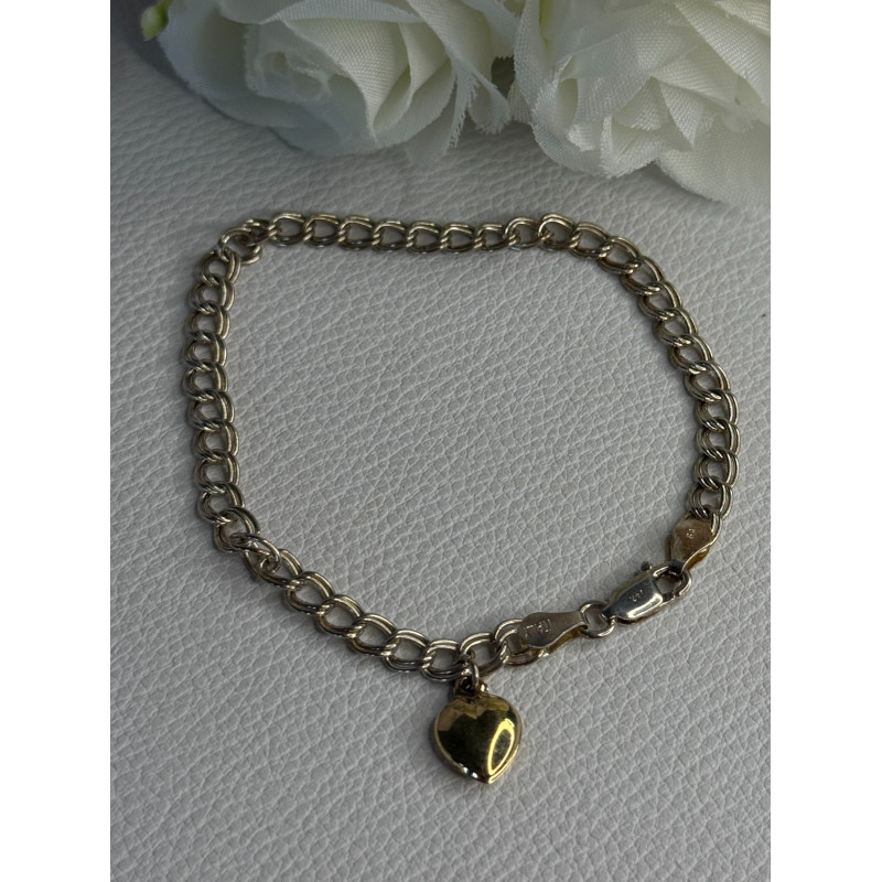 925 Sterling Silver 14k Yellow Gold Heart Italy Bracelet Length 7