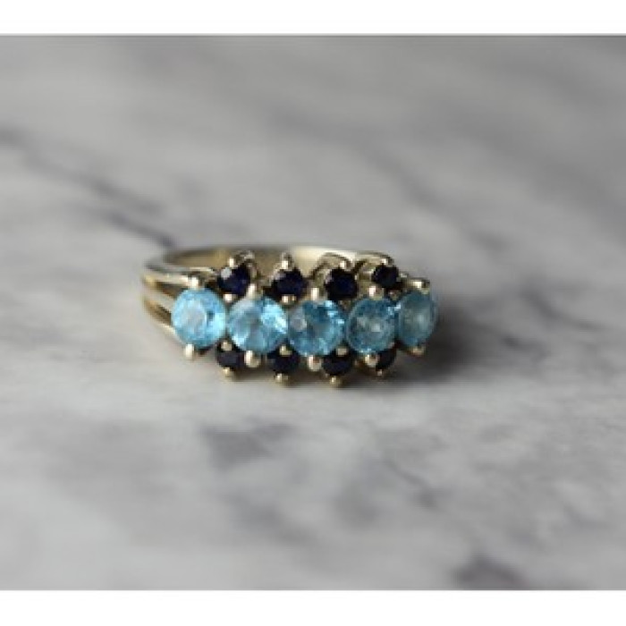 925 Sterling Silver Blue Spinel & Sapphires Ring Size 6.75