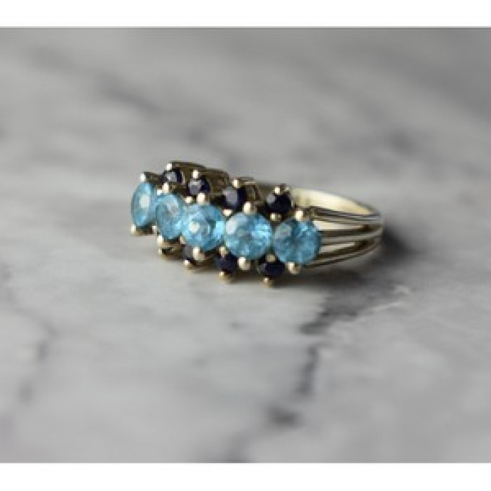 925 Sterling Silver Blue Spinel & Sapphires Ring Size 6.75