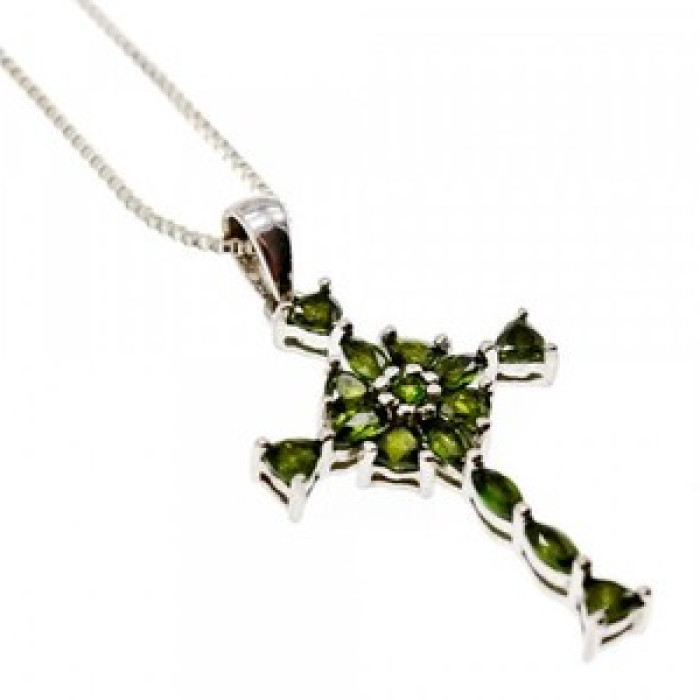 925 Sterling Silver Emeralds Chain With Cross