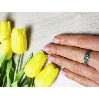 925 Sterling Silver Blue Spinel & Black Quartz Ring Size 7.5