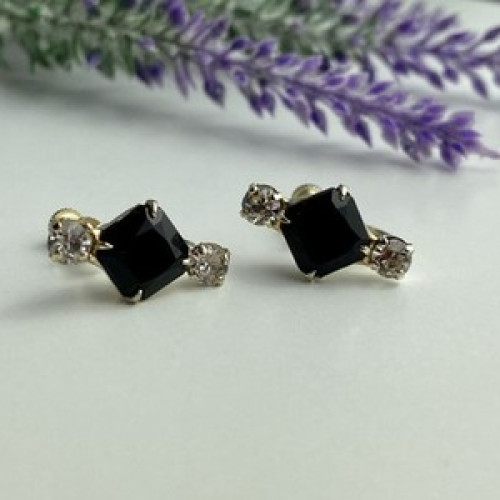 Stud Earrings With Black Onyx & CZ