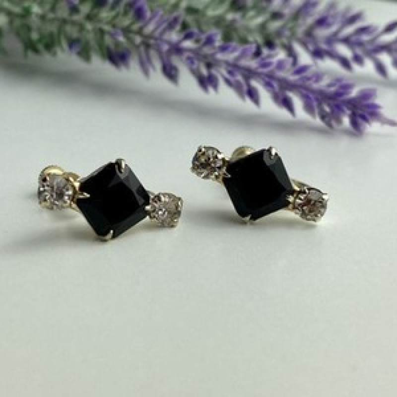 Stud Earrings With Black Onyx & CZ
