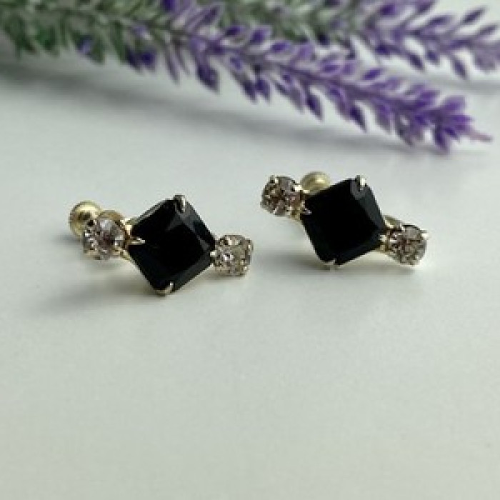 Stud Earrings With Black Onyx & CZ
