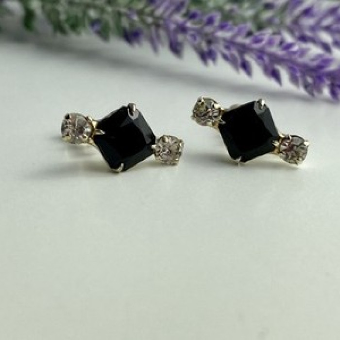 Stud Earrings With Black Onyx & CZ