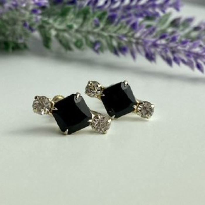 Stud Earrings With Black Onyx & CZ