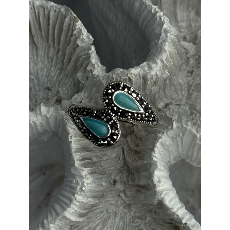 925 Sterling Silver Turquoise & Marcasite Ring Size 7