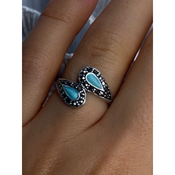 925 Sterling Silver Turquoise & Marcasite Ring Size 7