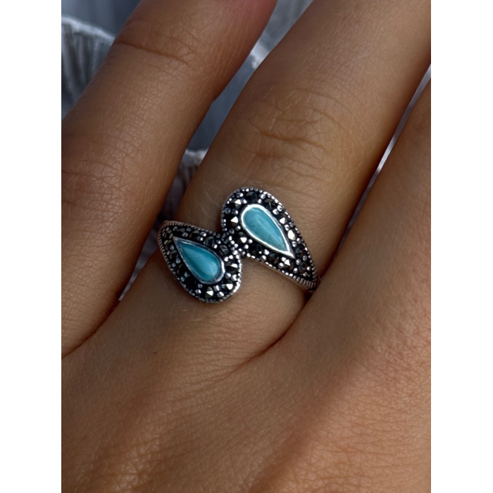 925 Sterling Silver Turquoise & Marcasite Ring Size 7