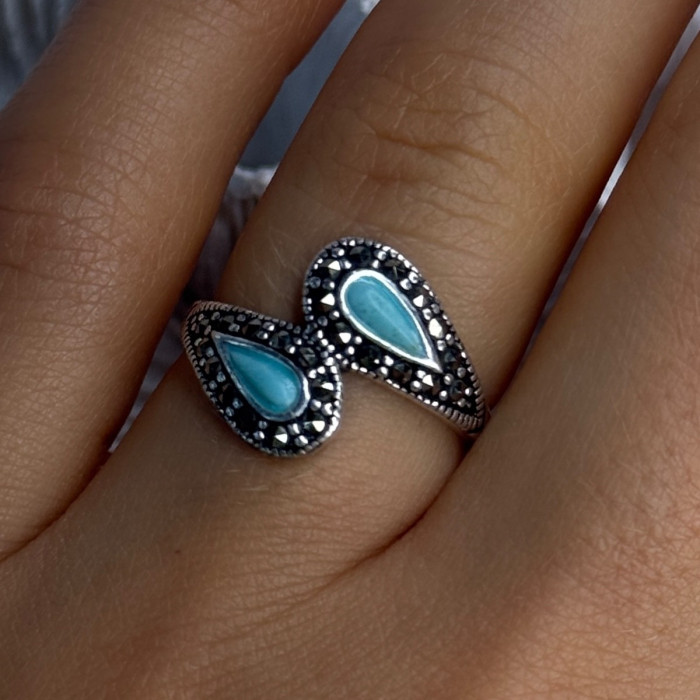 925 Sterling Silver Turquoise & Marcasite Ring Size 7