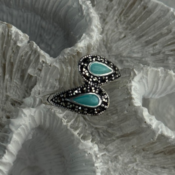 925 Sterling Silver Turquoise & Marcasite Ring Size 7