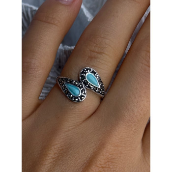 925 Sterling Silver Turquoise & Marcasite Ring Size 7
