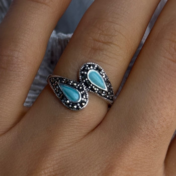 925 Sterling Silver Turquoise & Marcasite Ring Size 7