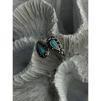 925 Sterling Silver Turquoise & Marcasite Ring Size 7