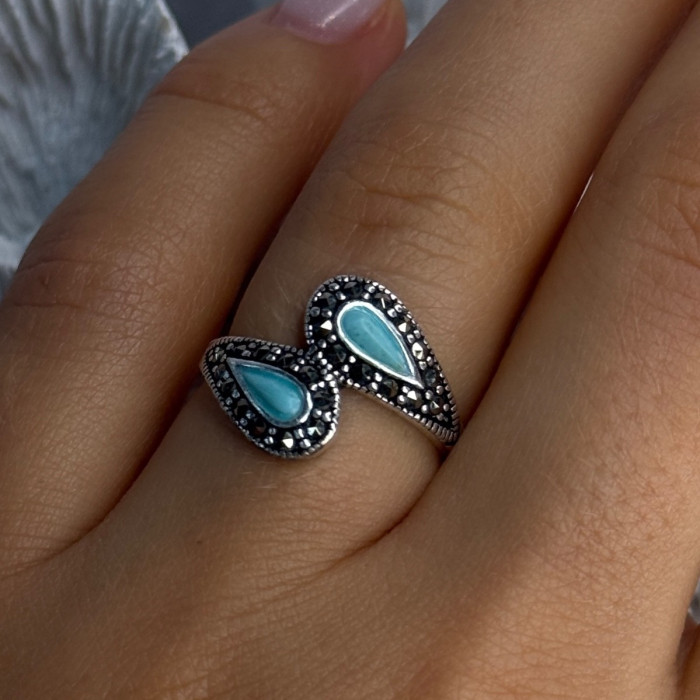 925 Sterling Silver Turquoise & Marcasite Ring Size 7