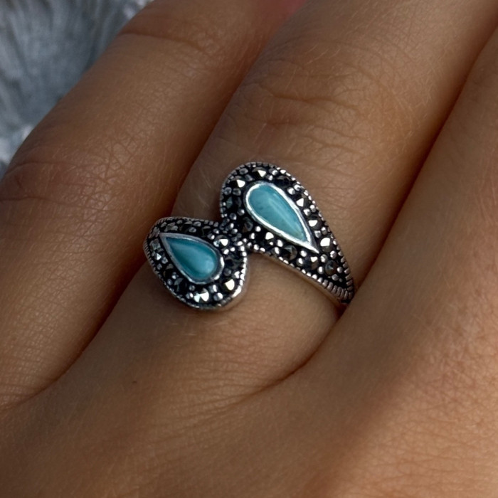925 Sterling Silver Turquoise & Marcasite Ring Size 7