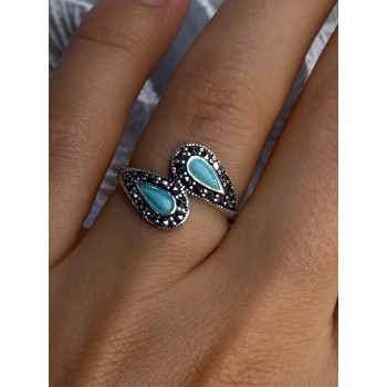 925 Sterling Silver Turquoise & Marcasite Ring Size 7