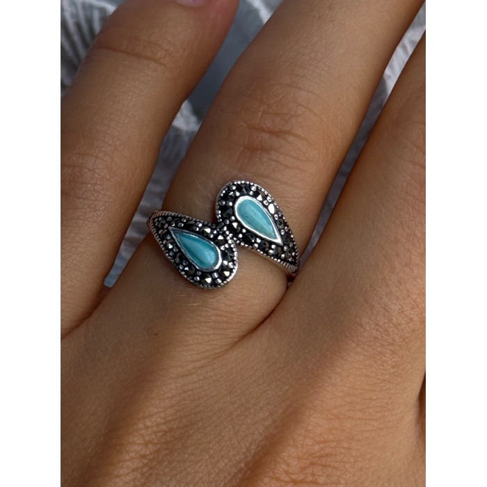 925 Sterling Silver Turquoise & Marcasite Ring Size 7