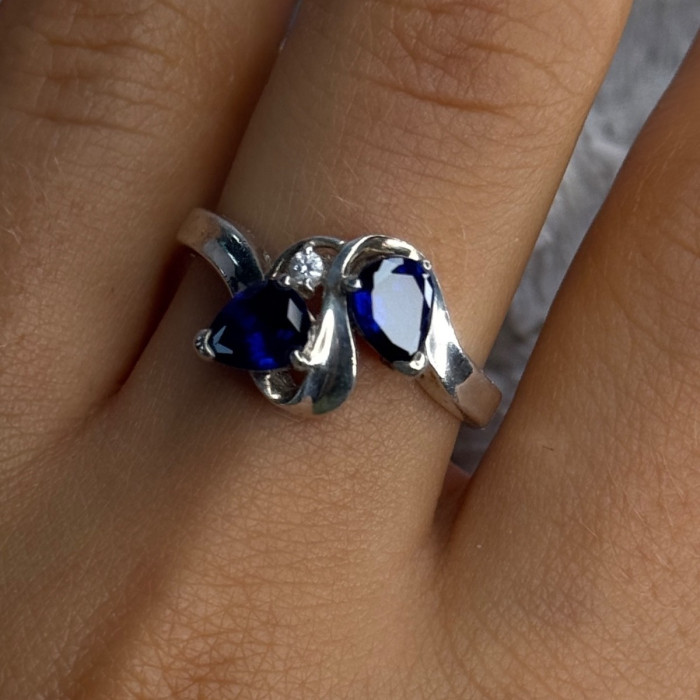 925 Sterling Silver Sapphire & Cz Ring Size 9