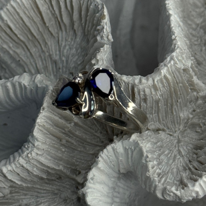 925 Sterling Silver Sapphire & Cz Ring Size 9