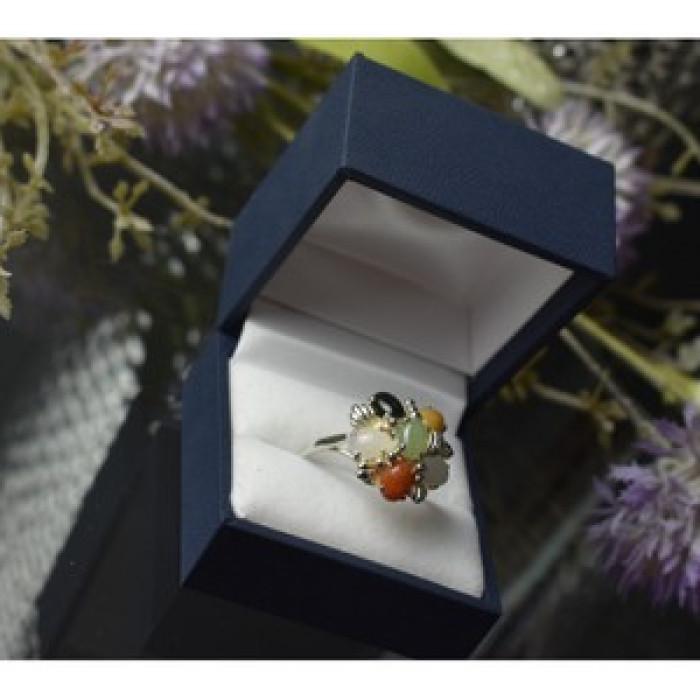 925 Sterling Silver Multicolor Agate, Nephrite & Amber Ring Size 10.25