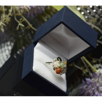 925 Sterling Silver Multicolor Agate, Nephrite & Amber Ring Size 10.25