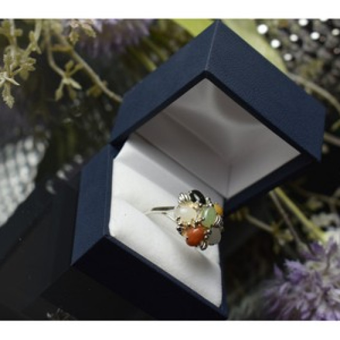 925 Sterling Silver Multicolor Agate, Nephrite & Amber Ring Size 10.25