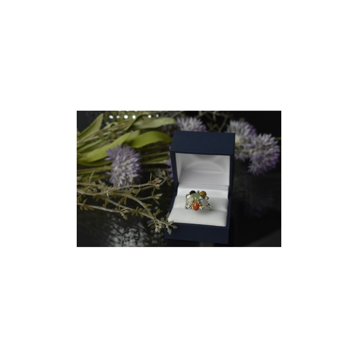 925 Sterling Silver Multicolor Agate, Nephrite & Amber Ring Size 10.25