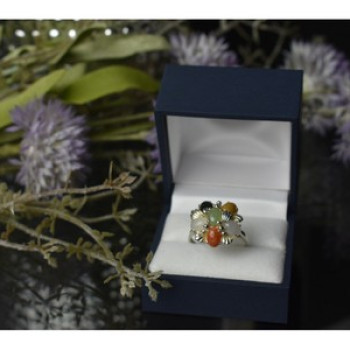 925 Sterling Silver Multicolor Agate, Nephrite & Amber Ring Size 10.25