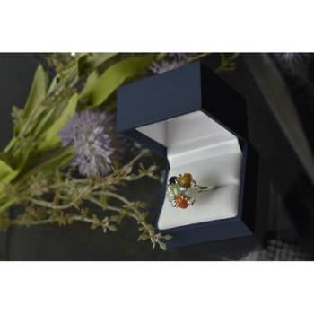 925 Sterling Silver Multicolor Agate, Nephrite & Amber Ring Size 10.25