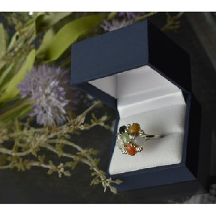 925 Sterling Silver Multicolor Agate, Nephrite & Amber Ring Size 10.25