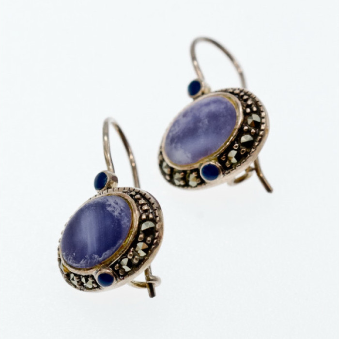 Vintage 925 Sterling Silver Agate & Marcasites Earrings