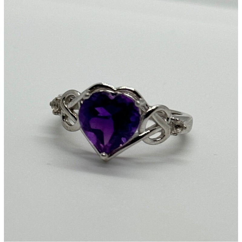 925 Sterling Silver Amethyst & Goshenite Heart Ring Size 6